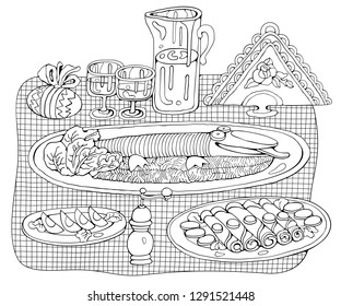 Home Cooking Still life sketchy vector illustration. Food cartoon hand drawn background