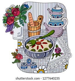 Home Cooking Still life vector illustration. Food cartoon hand drawn background