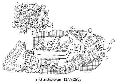 Home Cooking Still life vector illustration. Food cartoon hand drawn background