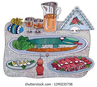 Home Cooking Still life vector illustration. Food cartoon hand drawn background