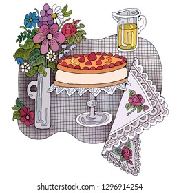 Home Cooking Still life vector illustration. Food cartoon hand drawn background