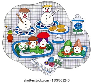 Home Cooking Still life vector illustration. Food cartoon hand drawn background