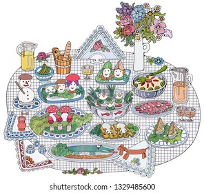 Home Cooking Still life vector illustration. Food cartoon hand drawn background