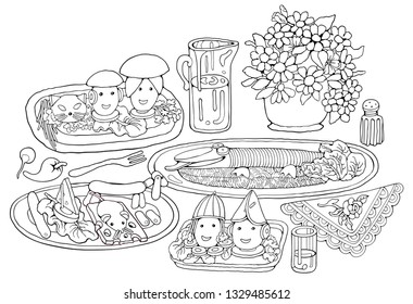 Home Cooking Still life vector illustration. Food cartoon hand drawn background