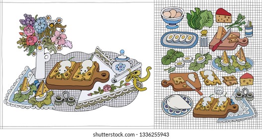 Home Cooking Still life vector illustration. Food cartoon hand drawn background. Set of food abstract elements