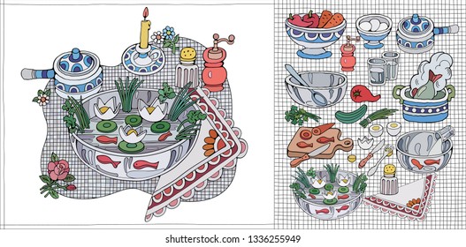 Home Cooking Still life vector illustration. Food cartoon hand drawn background. Set of food abstract elements