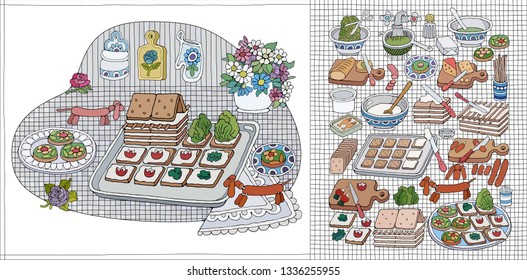 Home Cooking Still life vector illustration. Food cartoon hand drawn background. Set of food abstract elements