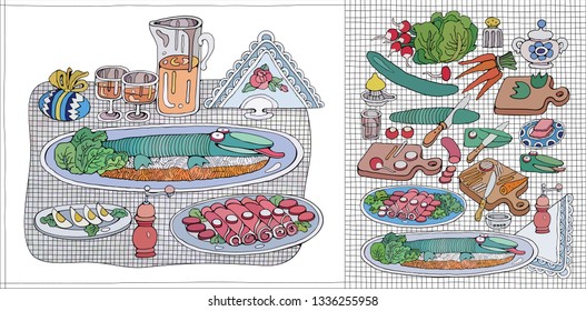 Home Cooking Still life vector illustration. Food cartoon hand drawn background. Set of food abstract elements