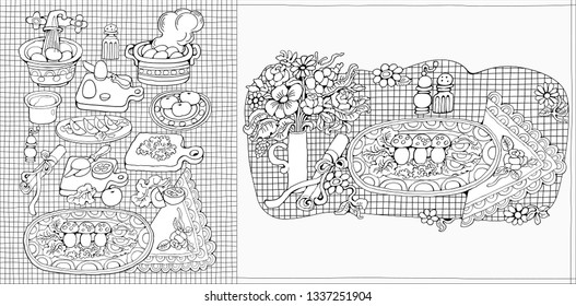 Home Cooking Still life vector illustration. Food cartoon hand drawn background. Set of food abstract elements