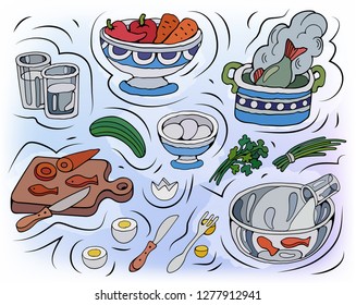 Home Cooking vector illustration. Set of food cartoon hand drawn abstract elements