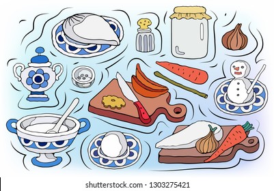 Home Cooking vector illustration. Set of food cartoon hand drawn abstract elements