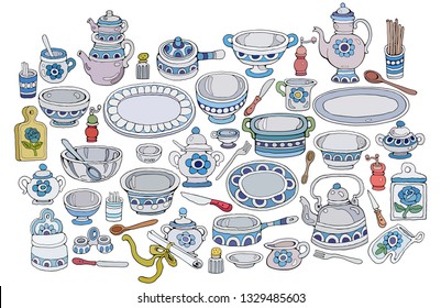 Home Cooking vector illustration. Set of dishes cartoon hand drawn abstract elements