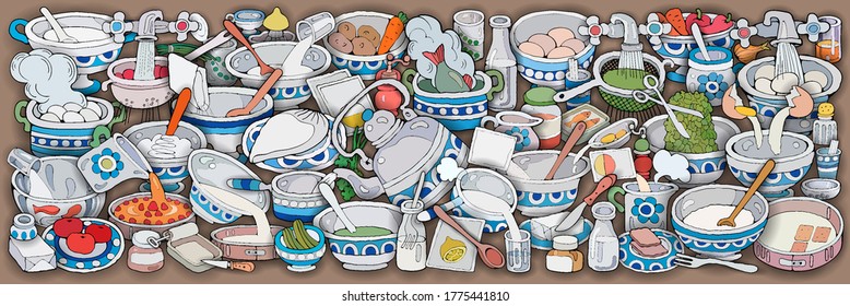 Home Cooking vector illustration. Set of food cartoon hand drawn abstract elements banner design