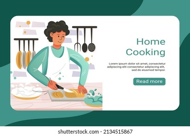Home cooking vector landing page template. Illustration in cartoon style. A girl in an apron is cooking. Kitchen utensils, spices and sauces, ingredients. Homemade food, dinner, cozy atmosphere.