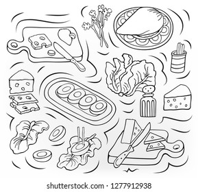 Home Cooking vector sketchy illustration. Set of food cartoon hand drawn abstract elements