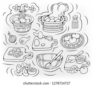 Home Cooking vector sketchy illustration. Set of food cartoon hand drawn abstract elements