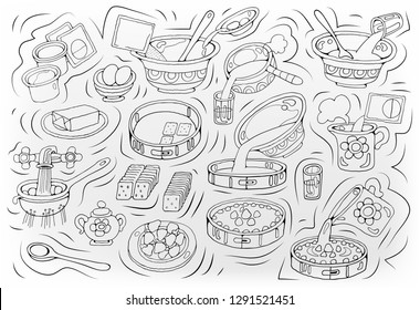 Home Cooking vector sketchy illustration. Set of food cartoon hand drawn abstract elements