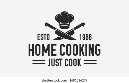 Home Cooking vintage logo. Cooking Courses logo template with chef cap and crossed knives. Label, badge, poster for online courses, food studio, cooking class, culinary school. Vector illustration