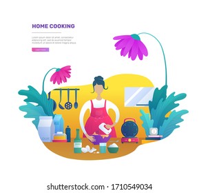Home cooking web design with woman. Housewife in apron preparing morning breakfast for family vector illustration. Girl mixing dough with blender in bowl in kitchen. Online cooking course and blogging
