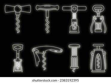 Home corkscrew icon set. Outline set of home corkscrew vector icons neon color on black