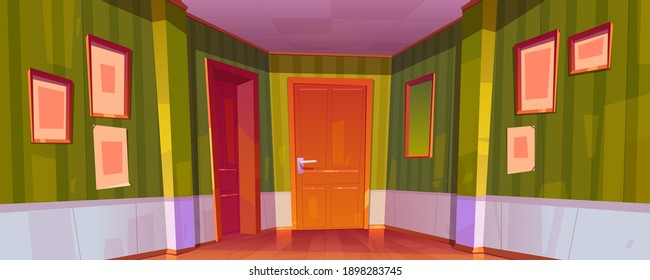 Home corridor interior with closed doors to rooms, green wallpaper, picture frames and mirror on wall. Vector cartoon illustration of empty hallway of house, hotel or office