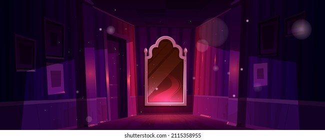 Home Corridor Interior With Magic Mirror On Wall At Night. Vector Cartoon Fantasy Illustration Of Empty House Hallway With Luxury Mirror In Silver Frame With Mystery Red Glow And Reflection