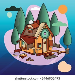 Home or cottage inside a forest abstract vector illustration with colorful background. Holiday concept art.