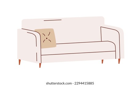 Home couch with cushion. Modern comfortable soft sofa with legs for living room. Lounge furniture, seat with pillow in minimalist style. Flat vector illustration isolated on white background