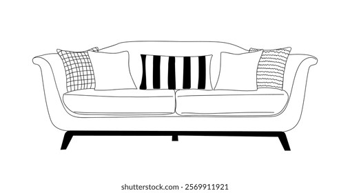 Home couch with cushions. Modern comfortable soft sofa with legs for living room. Lounge furniture, seat with pillows in minimalist style. Outline vector illustration isolated on white background