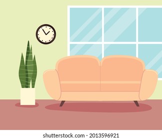 home couch window houseplant and clock