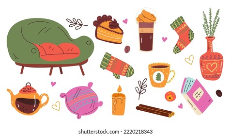 Home cozy doodle pillow book candle cartoon comfort cute abstract concept set. Vector graphic design illustration element