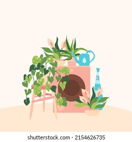 home cozy flat illustration for poster. washing machine with green plants. caring for houseplants. watering and caring for flowers.