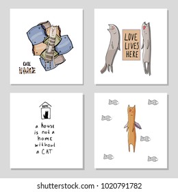 Home, cozy greeting card with quote about home, love and cats. Set of 4 postcards/stickers/t-shirt/ banners designs about love, home and cats. 