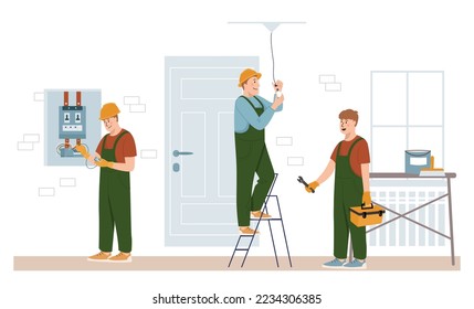 Home craftsmen and repairmen. Renovation workers in uniform, electricians doing apartment repair, professional decorating service. Connecting power. Vector cartoon flat concept