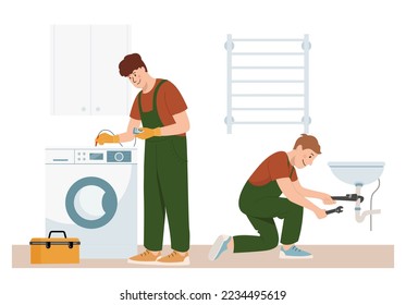 Home craftsmen and repairmen. Renovation workers professional plumber and engineer at work, they are checking the washing machine and home plumbing. Vector cartoon flat concept