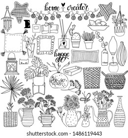 Home creator. Hygge. Vector set. Isolated elements for design on white.