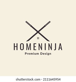 home with cross swords vintage logo design, vector graphic symbol icon sign illustration