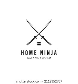 home with cross swords vintage logo design vector graphic symbol icon sign illustration creative idea