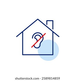 Home and crossed out ear symbol. Smart home voice commands deactivated, silent mode, connection lost. Hearing-impaired accessibility. Pixel perfect, editable stroke vector icon