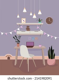 Home cute workplace interior with table and shelves. Cartoon vector illustration.
There is a notebook, cup of coffee and a flower on the table. 
On the wall there is a clock and flags for decoration.