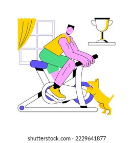 Training für den Heimzyklus: einzelne Cartoon-Vektorgrafiken. Muskulärer Mann, der zu Hause auf einem stationären Fahrrad praktiziert, Fahrradmaschinentraining, Kraft und Ausdauer, gesunder Lifestyle-Vektorkarik.