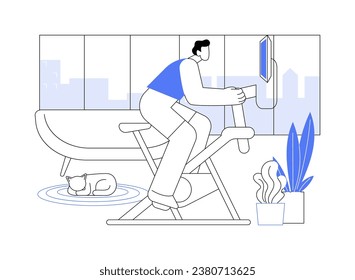 Home cycle training isolated cartoon vector illustrations. Muscular man practicing on a stationary bike at home, cycle machine training, strength and endurance, healthy lifestyle vector cartoon.