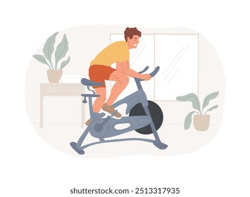 Home cycle training ilustrações isoladas do vetor de desenhos animados. Muscular homem praticando em uma bicicleta estacionária em casa, treinamento de máquina de ciclo, força e resistência, estilo de vida saudável vetor cartoon.