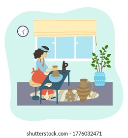 Home daily activity. Woman enjoy pottery, handmade process. Worker making clay vases. Female using spinning table for making vases. Decorative pot with green plant, window, collection of clay vases
