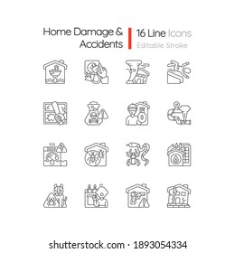 Home damage linear icons set. Preventing house hazards. Flooding, water leak. Electric shock. Fall risks. Customizable thin line contour symbols. Isolated vector outline illustrations. Editable stroke