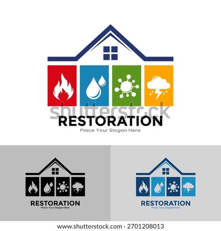Home damage restoration logo featuring icons for fire, water, mold, and storm damage repair services. Perfect vector symbol for insurance, cleanup, and disaster relief companies