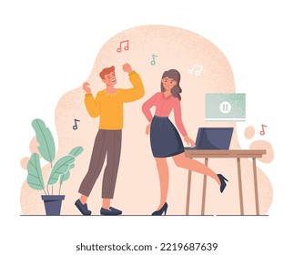Home dance class. Man and woman next to laptop. Poster or banner for website. Entertainment and learning, distance education. Young guy and girl at party, disco. Cartoon flat vector illustration