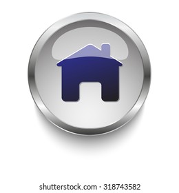 Home dark blue vector icon on a glossy glass button with chrome on white background