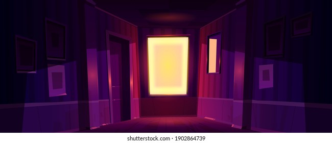 Home dark corridor with sunlight from window at morning or evening. Vector cartoon illustration of empty hall interior with glowing window, door, picture frames and mirror on wall