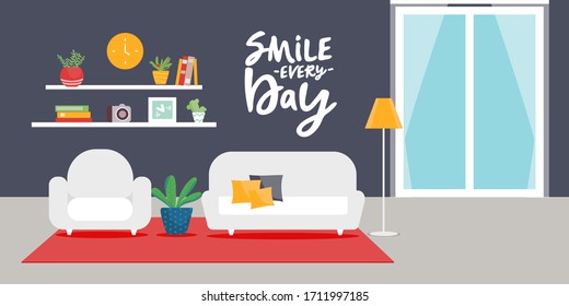Home dark interior. Interior design of a living room for web site, print, poster, presentation, infographic. Flat design illustration.